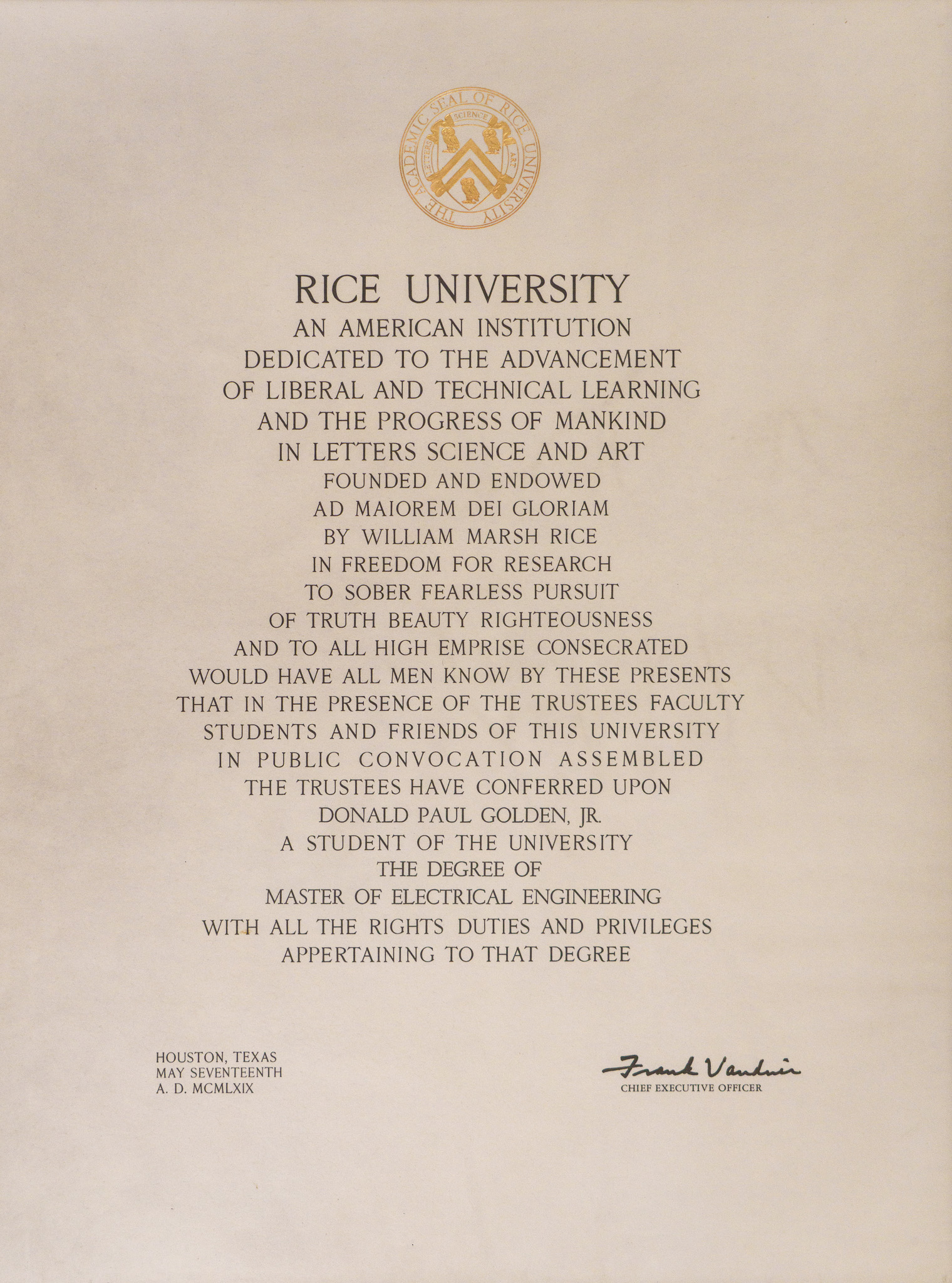 The iconic Rice diploma - in the shape of an ern (maybe a play on words). This is my Masters, I have one for my Bachelors also.